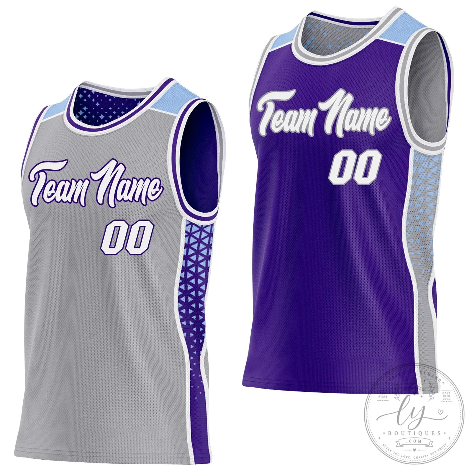 Custom Gray Purple Light Blue Geometric Triangle Gradient Dot Reversible Basketball Jersey