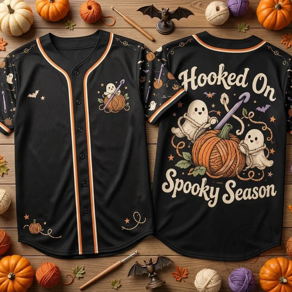 Hooked On Spooky Season Halloween Crochet Ghost Yarn Baseball Jersey