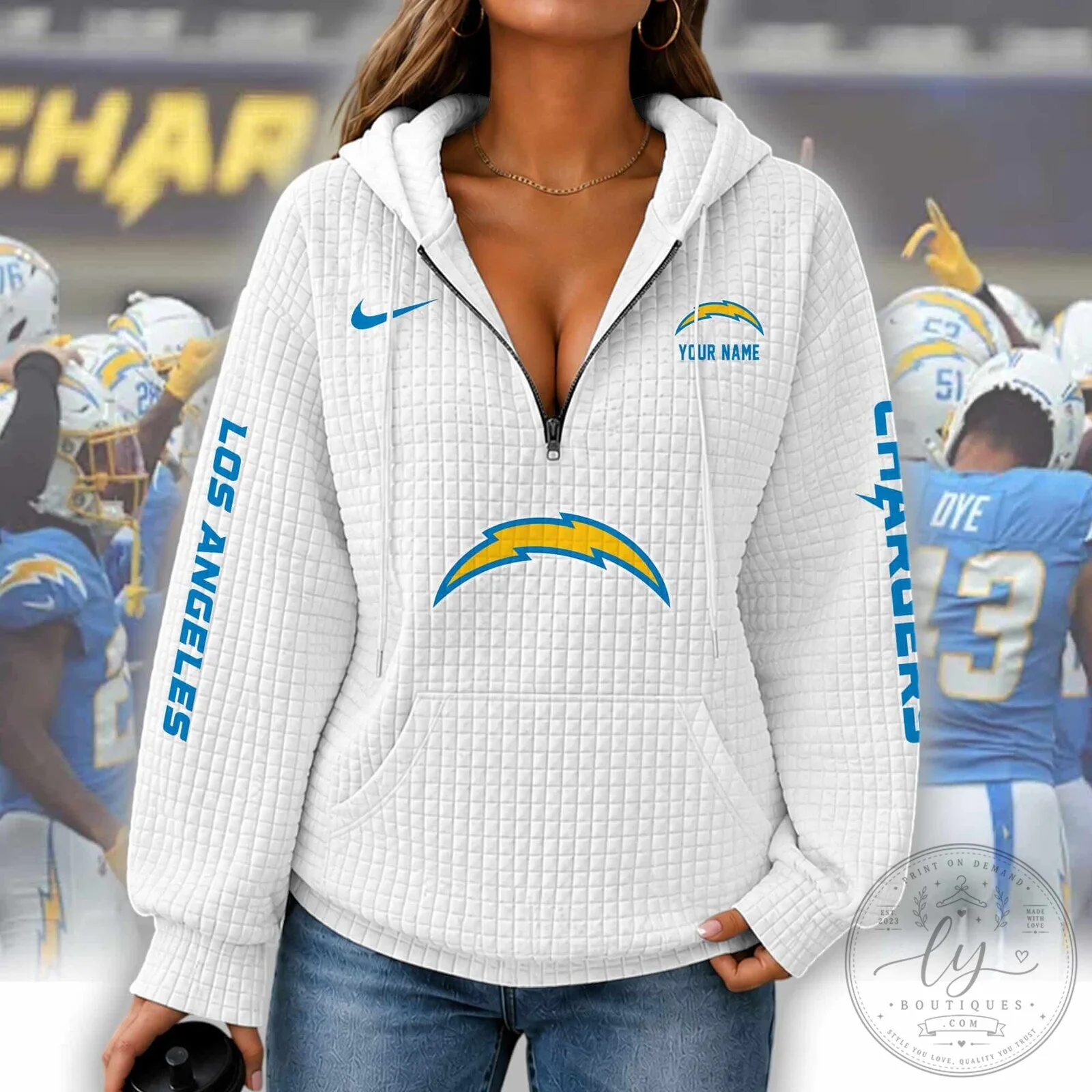 Los Angeles Chargers Women's Waffle Knit Half-Zip Hoodie with Custom Name 9 Los Angeles Chargers Women