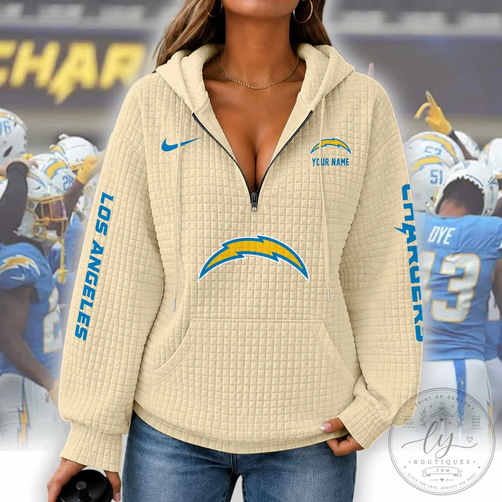 Los Angeles Chargers Women's Waffle Knit Half-Zip Hoodie with Custom Name 10 Los Angeles Chargers Women