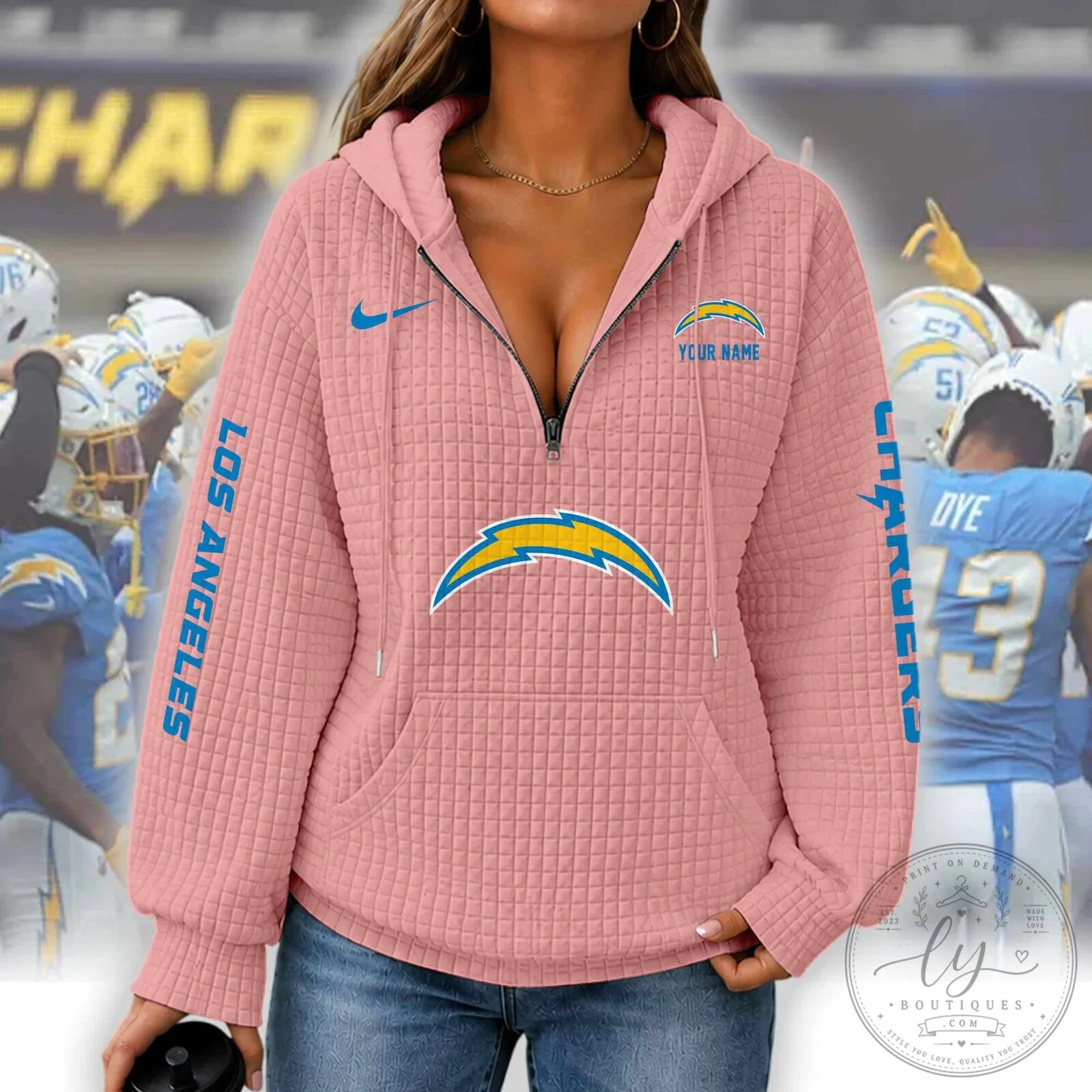 Los Angeles Chargers Women's Waffle Knit Half-Zip Hoodie with Custom Name 11 Los Angeles Chargers Women