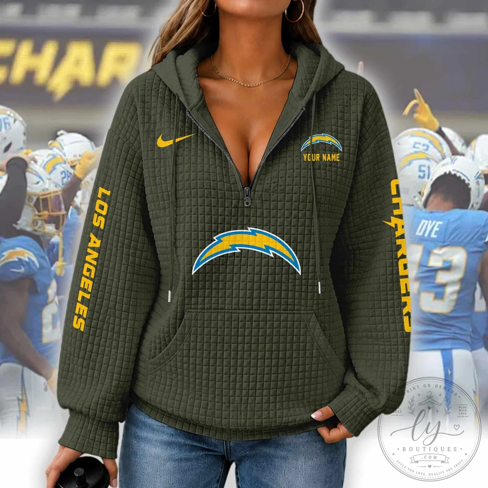 Los Angeles Chargers Women's Waffle Knit Half-Zip Hoodie with Custom Name 12 Los Angeles Chargers Women