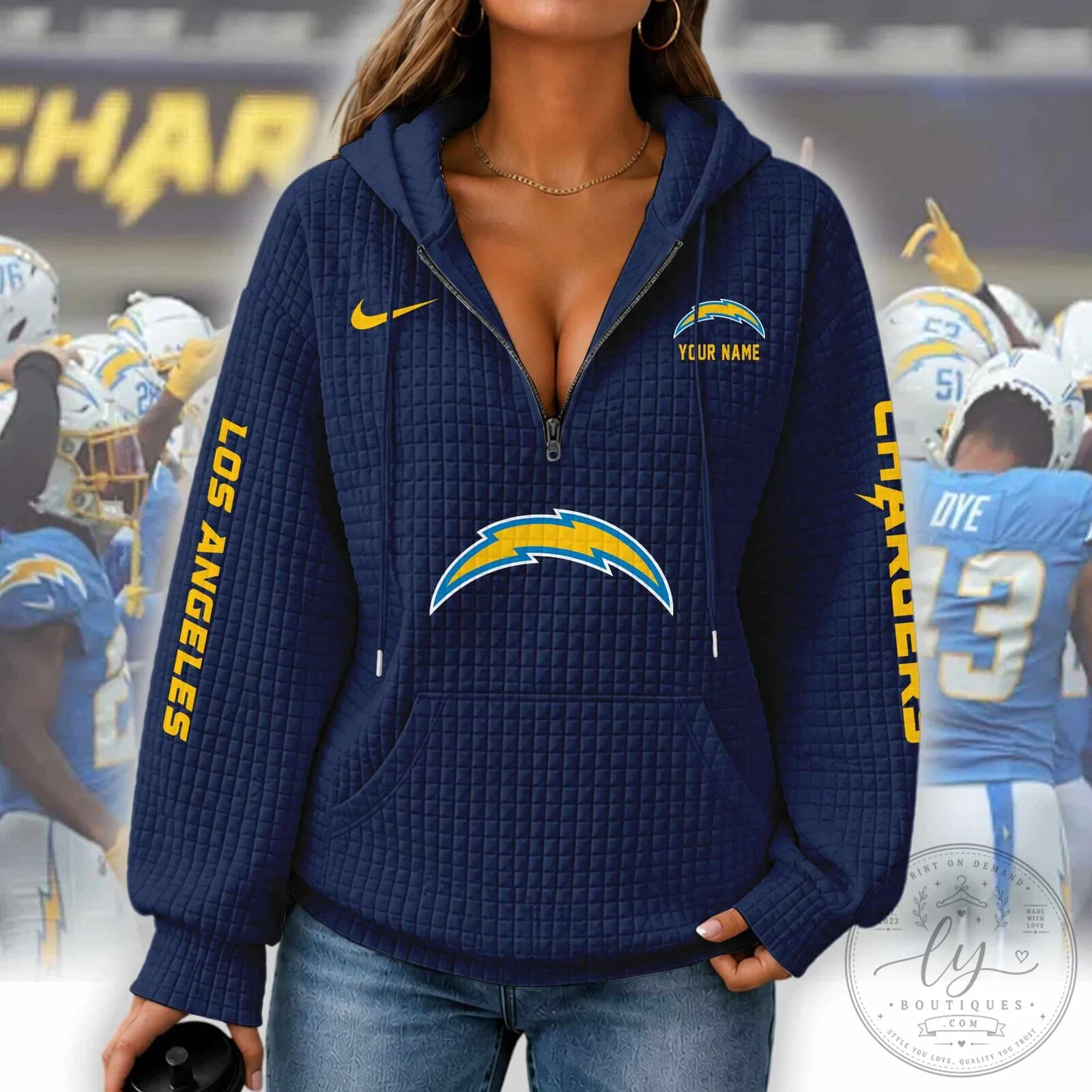 Los Angeles Chargers Women's Waffle Knit Half-Zip Hoodie with Custom Name 13 Los Angeles Chargers Women