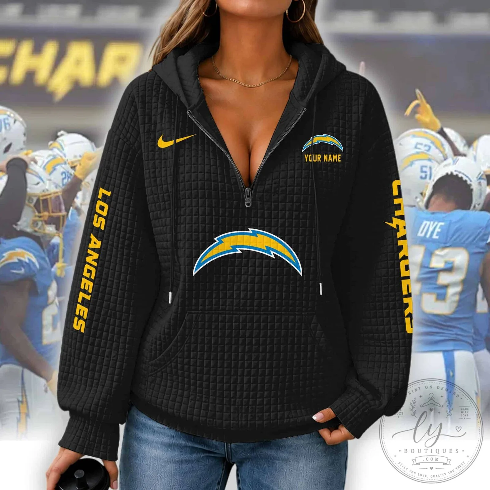 Los Angeles Chargers Women's Waffle Knit Half-Zip Hoodie with Custom Name 14 Los Angeles Chargers Women