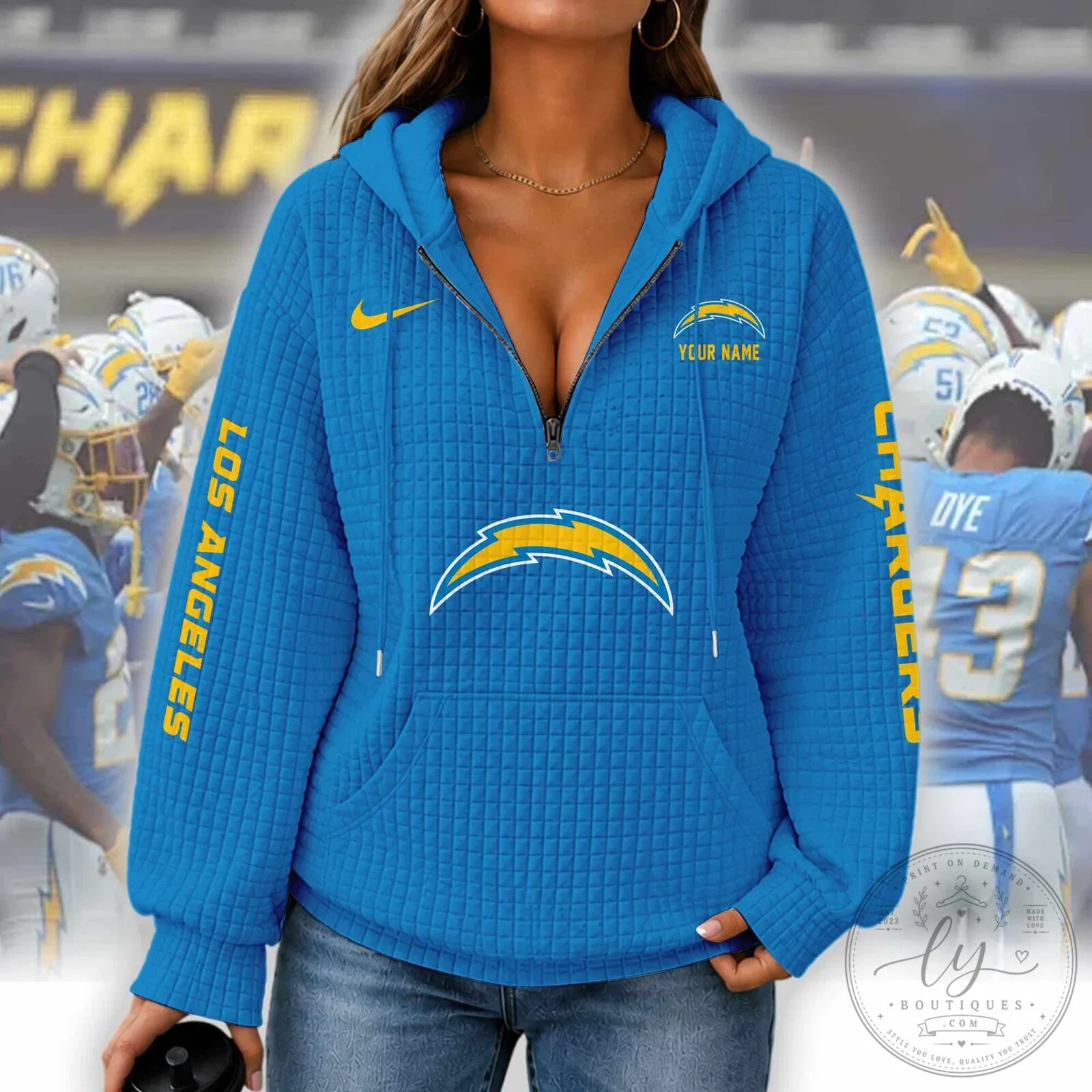 Los Angeles Chargers Women's Waffle Knit Half-Zip Hoodie with Custom Name 15 Los Angeles Chargers Women