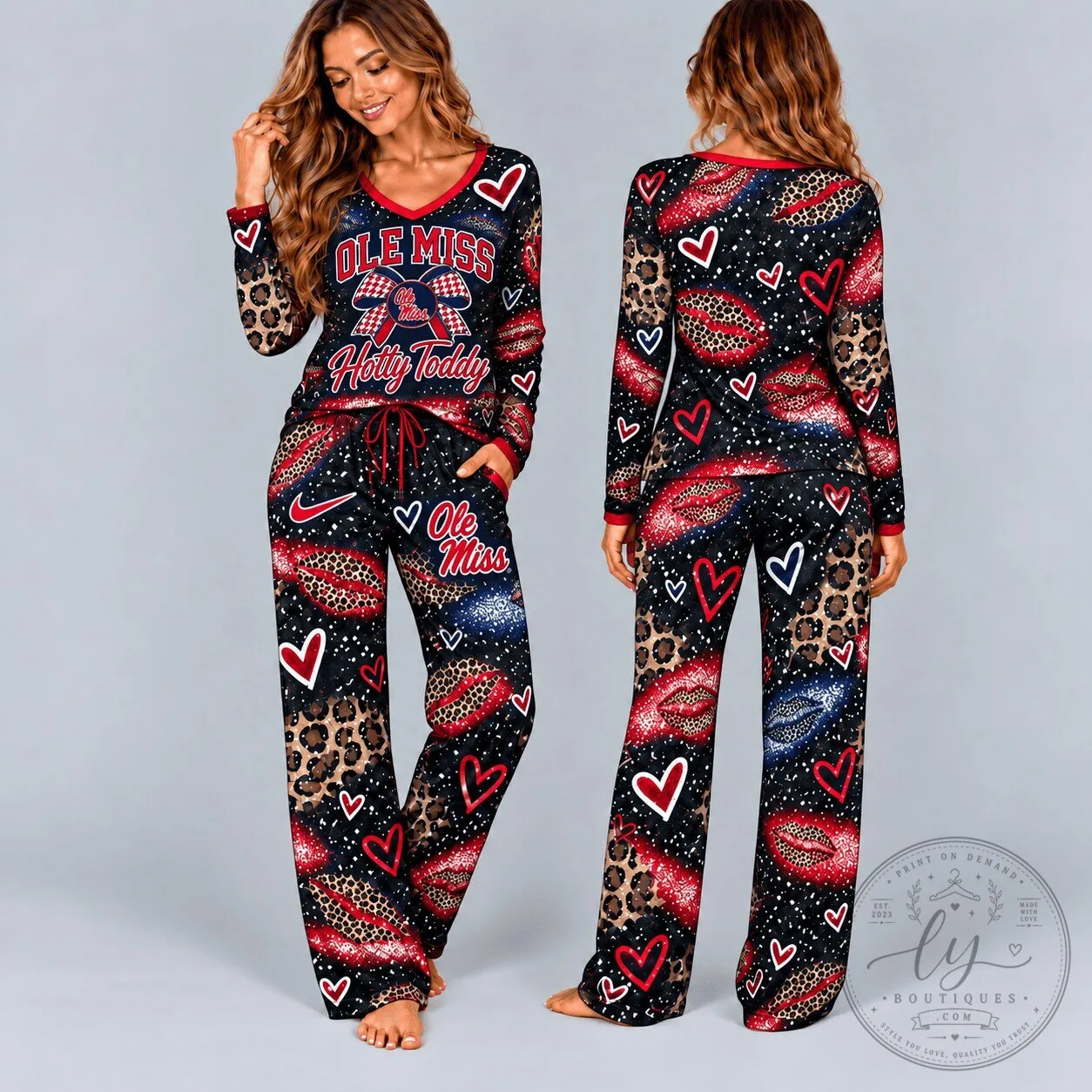 Ole Miss Rebels Leopard Print Hearts and Lips V-Neck Pajamas Set 3 Ole Miss Rebels Leopard Print Hearts and Lips V-Neck Pajamas Set