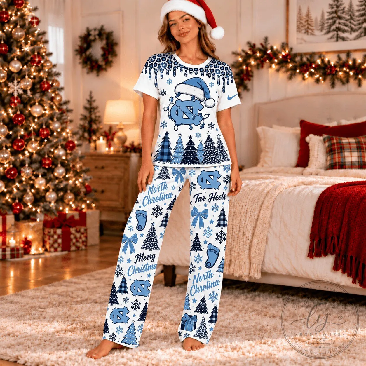North Carolina Tar Heels Christmas Leopard Drip Pajamas Set