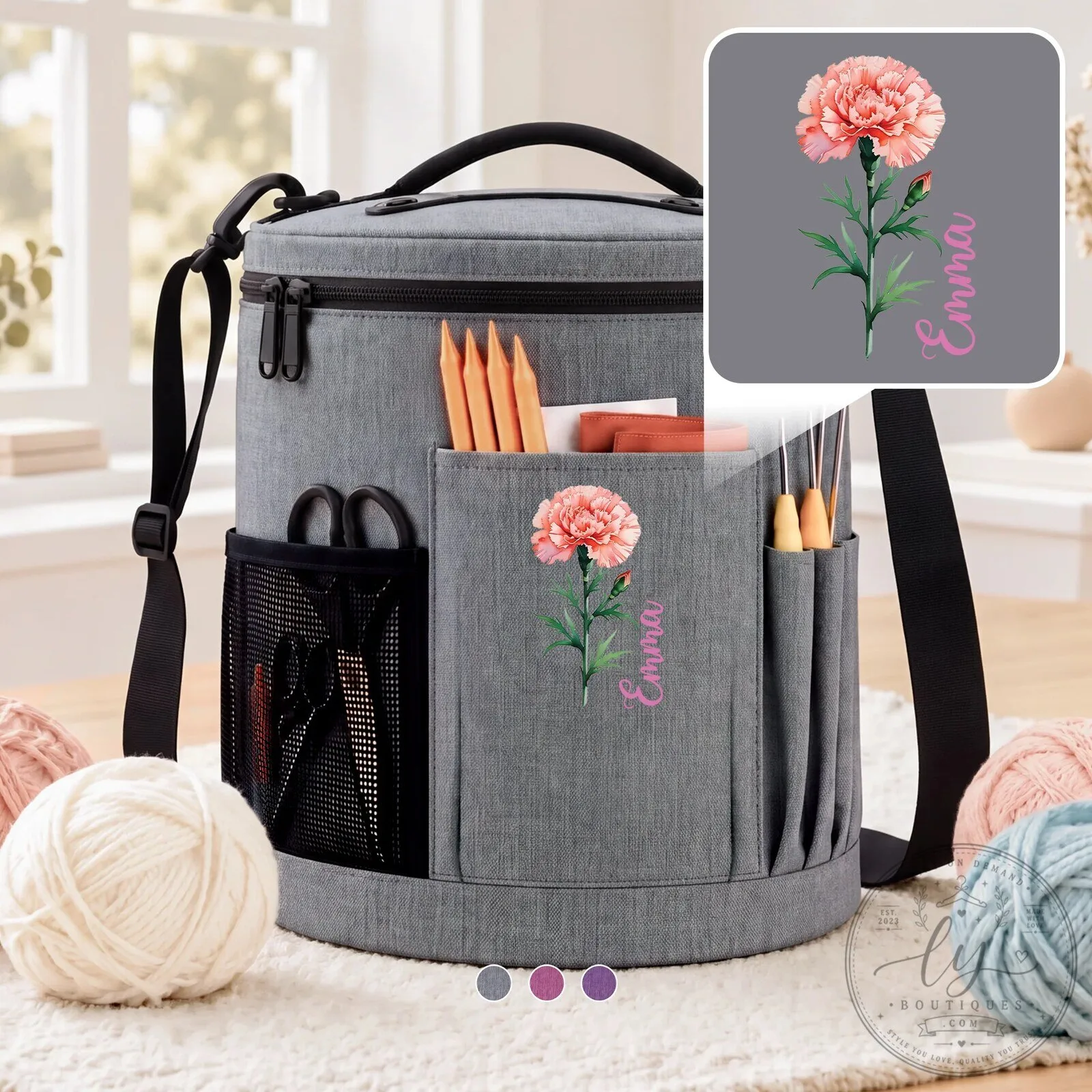 Personalized Carnation Birth Month Flower Yarn Storage Bag with Custom Name