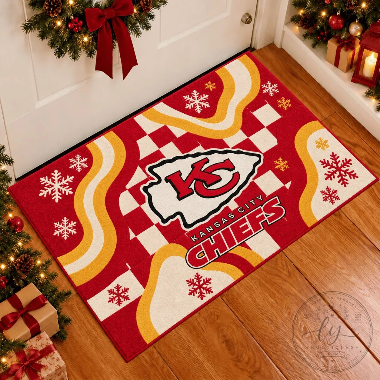 Holiday Doormat with Kansas City Chiefs Christmas Snowflakes Design