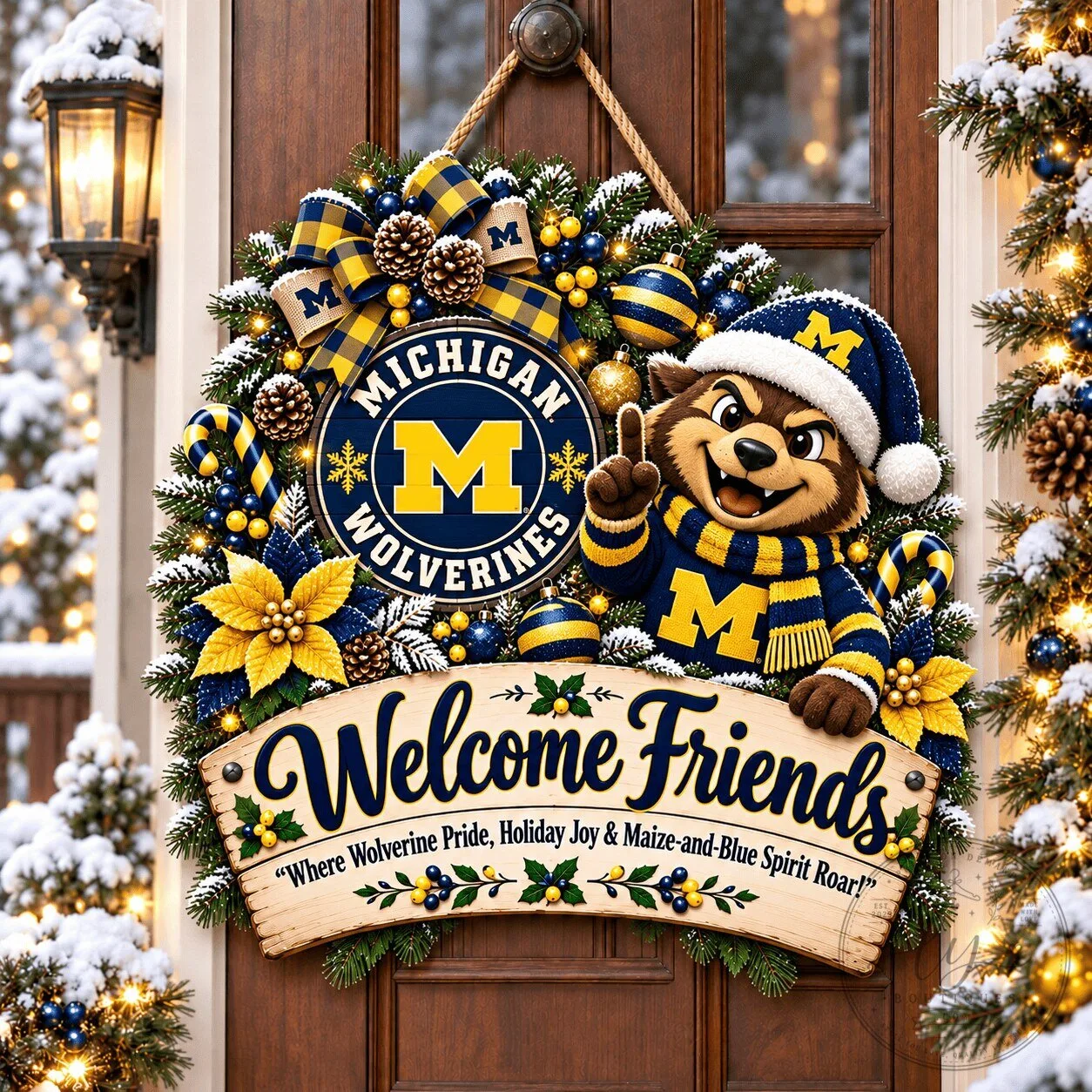 Michigan Wolverines Mascot Christmas Welcome Friends Door Hanger Sign