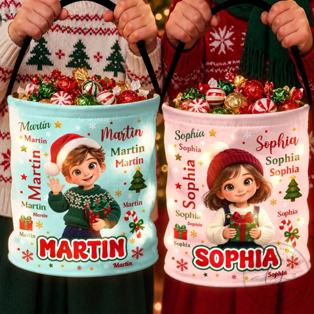 Personalized Christmas Cartoon Kids Candy Bucket Bag with Custom Name Personalized Christmas Cartoon Kids Candy Bucket Bag with Custom Name