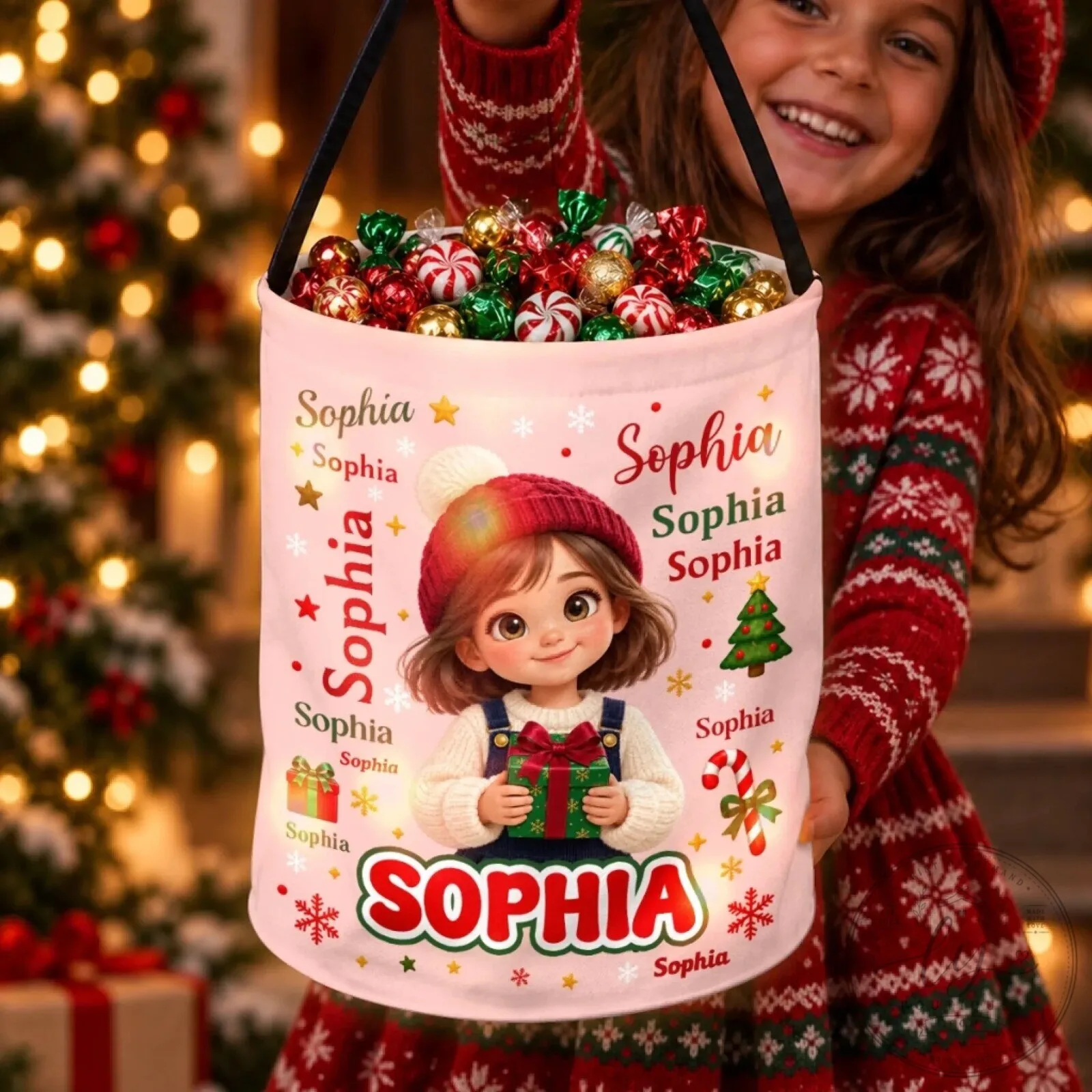 Personalized Christmas Cartoon Kids Candy Bucket Bag with Custom Name 10 Personalized Christmas Cartoon Kids Candy Bucket Bag with Custom Name