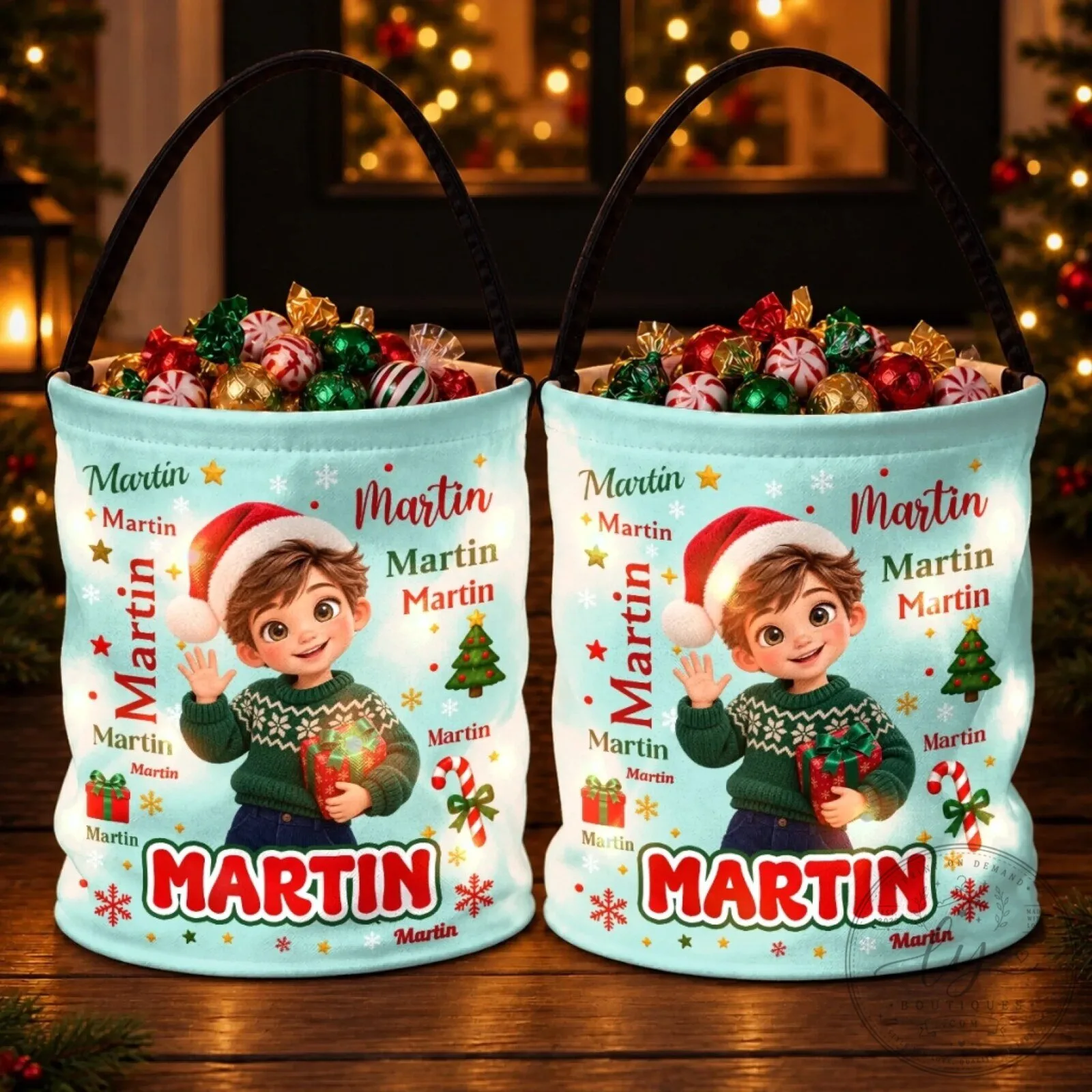 Personalized Christmas Cartoon Kids Candy Bucket Bag with Custom Name 12 Personalized Christmas Cartoon Kids Candy Bucket Bag with Custom Name