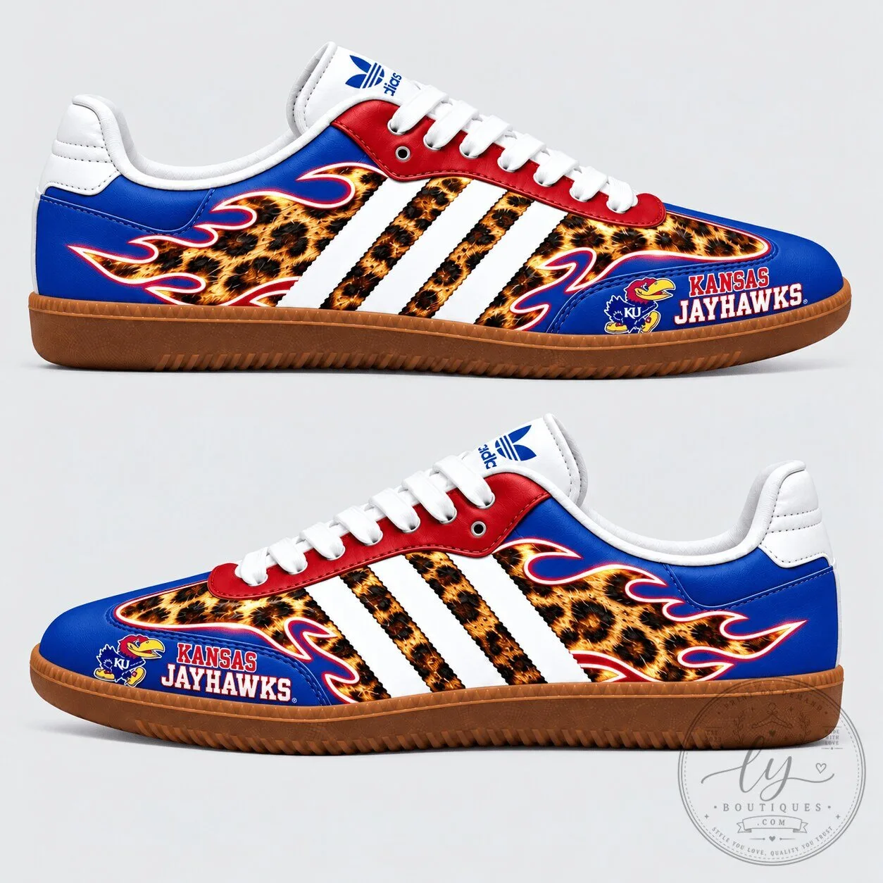 Kansas Jayhawks Leopard Print Flames Custom Adidas Samba Shoes