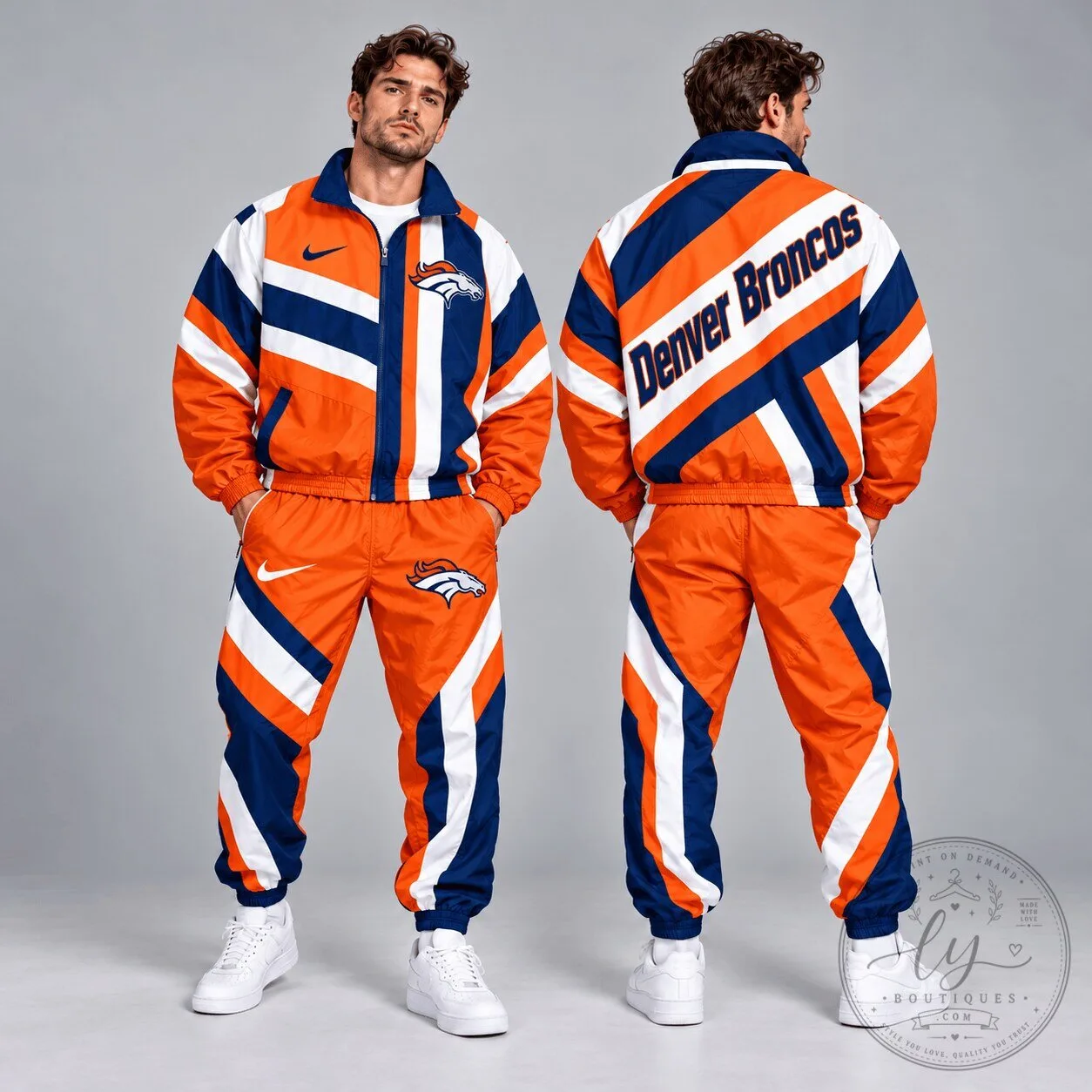 Denver Broncos NFL Retro Geometric Stripe Full Zip Windbreaker Jacket