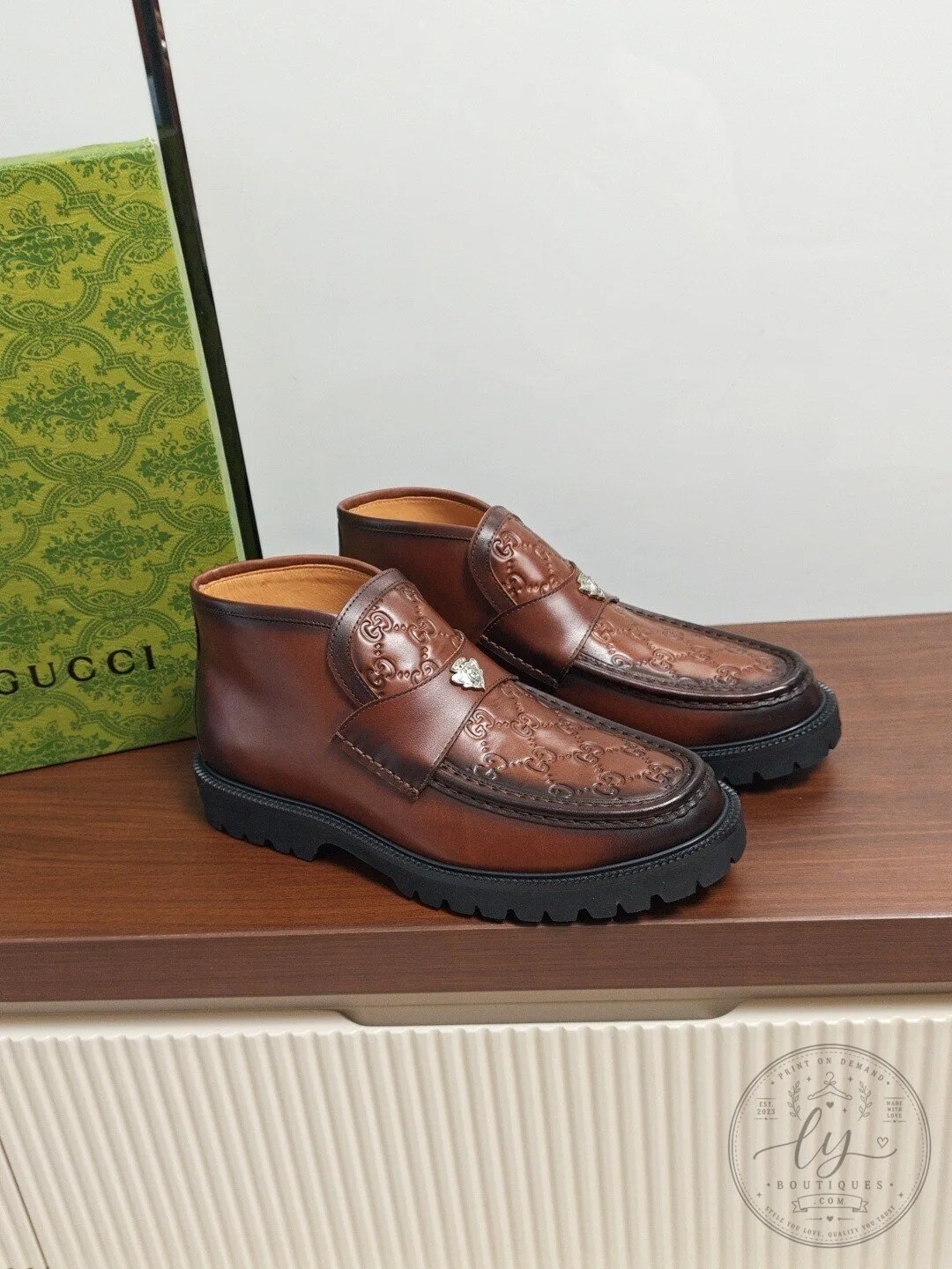 Gucci Brown Leather Loafer Boots with Interlocking G Detail for Men