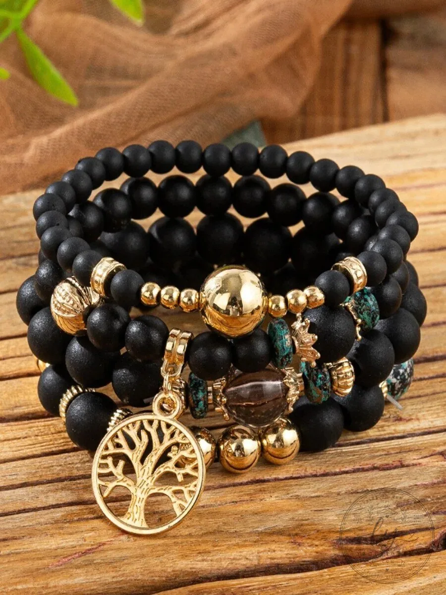 Bohemian Tree of Life Charm Multi-layer Wooden Bead Bracelet Set for Women
