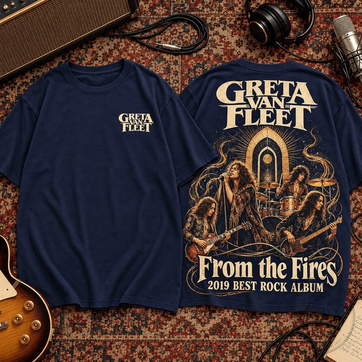 Greta Van Fleet From the Fires Album Art Navy Blue T-Shirt for Rock Fans