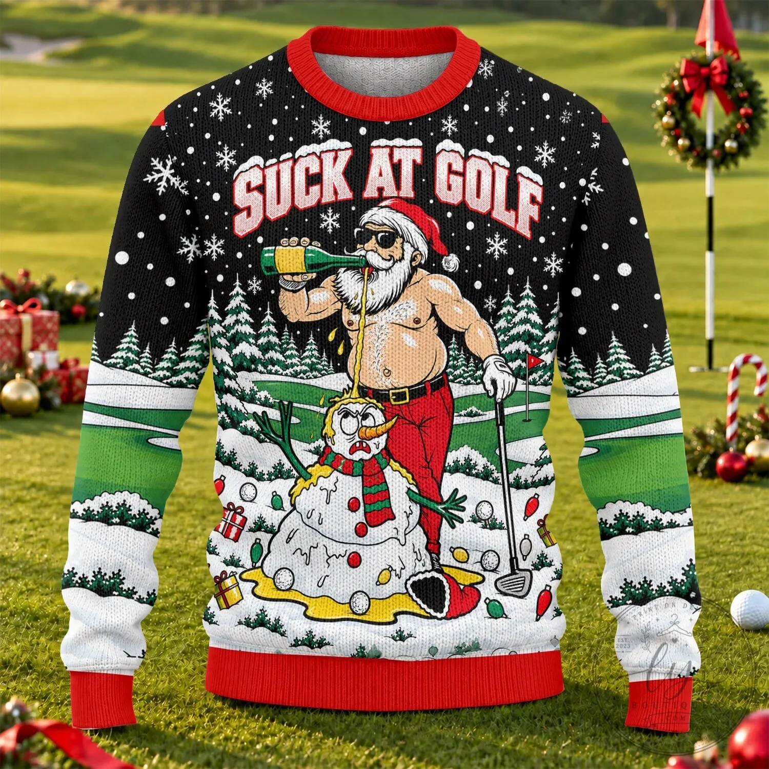 Funny Santa Claus Drinking Beer Ugly Christmas Sweater for Golfers