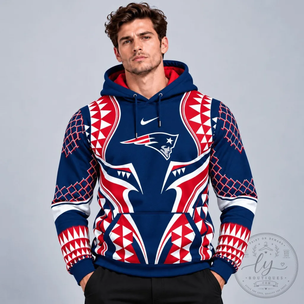New England Patriots Tribal Geometric Pattern All Over Print Hoodie New England Patriots Tribal Geometric Pattern All Over Print Hoodie